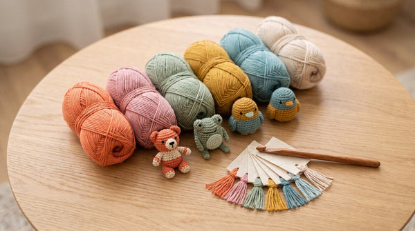 Curated palette of soft cotton yarn balls with coordinated amigurumi plush toys