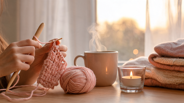 Cozy crochet for stress relief scene with relaxed hands crocheting soft pink yarn beside tea and a candle