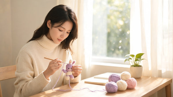 Calm woman crocheting a small amigurumi at a tidy sunlit desk — crochet for focus and concentration by MrsCrochetWorld