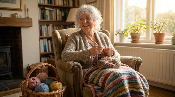 Happy senior woman crocheting a colourful blanket in a cozy sunlit living room