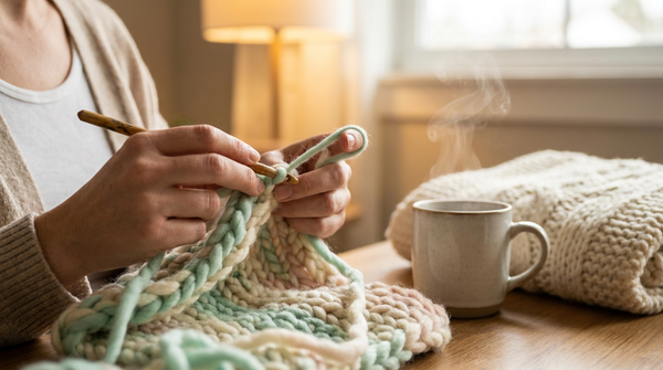 Relaxed hands crocheting with soft pastel yarn beside a steaming cup of tea