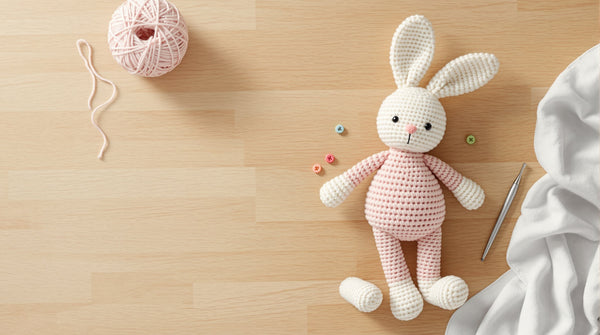 Finished cream and pink crochet amigurumi bunny with attached arms and legs beside crochet hook, yarn ball and two unattached crocheted limb pieces