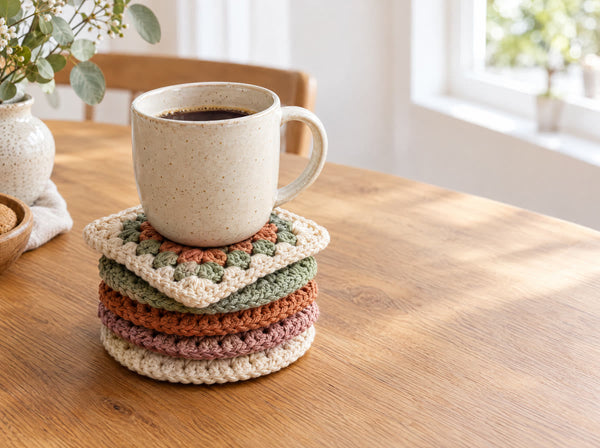Stack of handmade granny square crochet coasters in cream, sage green and terracotta cotton yarn on an oak table with a ceramic coffee mug resting on the top coaster