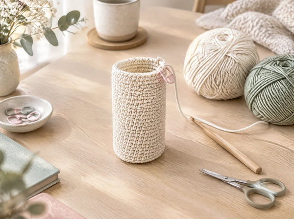 Cream crocheted cylinder tube standing upright on an oak table with crochet hook and cotton yarn