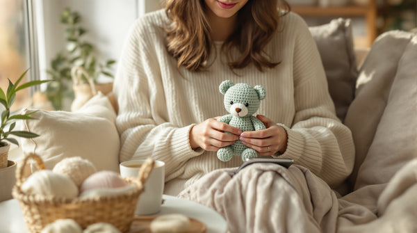 Woman crocheting a sage green amigurumi bear in a sunlit chair with her phone face down beside a cup of tea, a calm screen-free crochet break