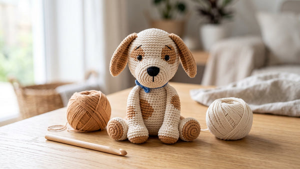 Finished cream and caramel crochet amigurumi puppy dog sitting beside yarn balls and a wooden crochet hook