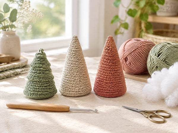 Three finished crocheted cones in sage green, oatmeal and terracotta cotton yarn on a cream linen craft desk with a crochet hook, yarn balls and stuffing