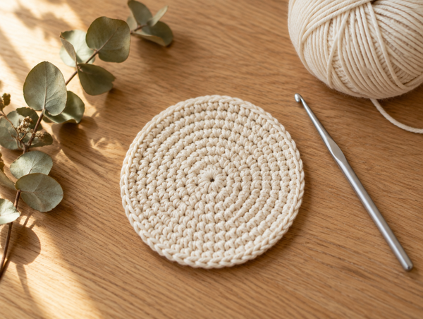 Flat crocheted cream cotton circle coaster with a silver crochet hook and a ball of yarn on a warm oak table
