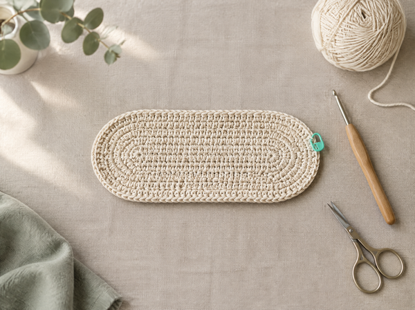 Flat crocheted oval base in cream cotton yarn with a wooden crochet hook and yarn ball