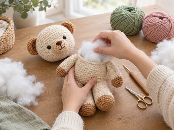 Hands pressing white polyester fiberfill into a half-finished cream and caramel crocheted amigurumi teddy bear on a wooden craft desk