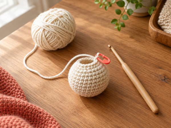 A cream amigurumi ball with a coral locking stitch marker clipped into the first stitch of the round, wooden crochet hook and yarn on a cozy desk