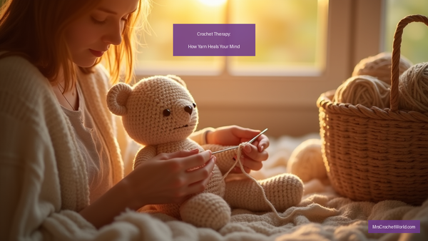Woman crocheting amigurumi in warm golden light – crochet therapy for mental health by MrsCrochetWorld