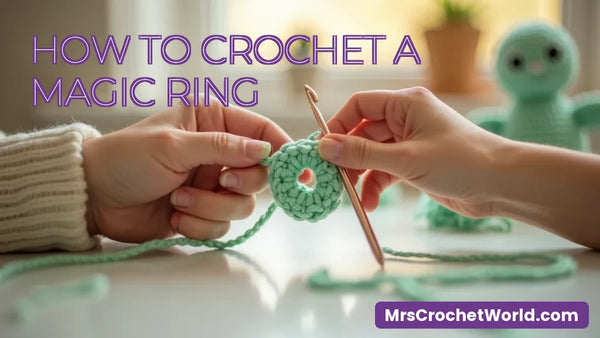Hands crocheting a magic ring with mint yarn by MrsCrochetWorld