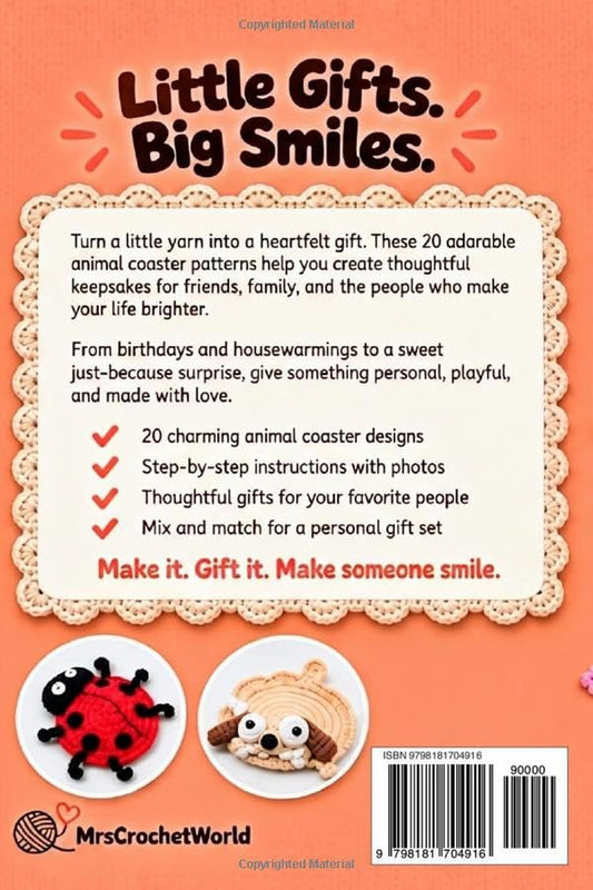 Back cover of the 20-in-1 Animal Crochet Coasters book: 20 adorable coasters, one creative book