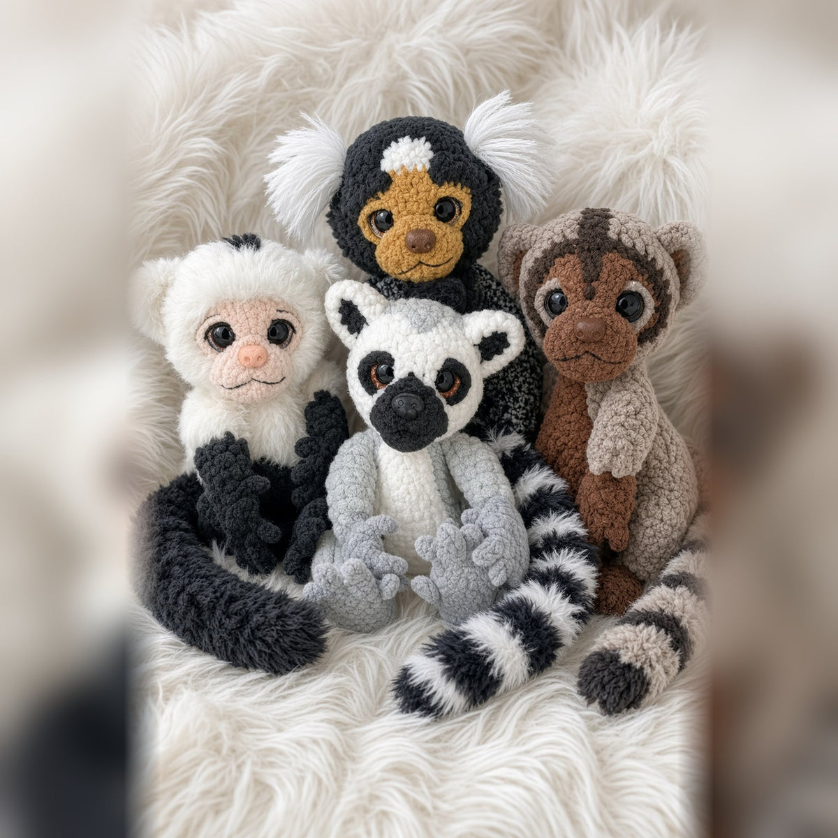 Crochet plush monkeys from the book: ring-tailed lemur, marmoset and capuchin amigurumi