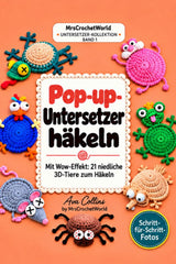 German edition crochet book Pop-up-Untersetzer häkeln front cover with 3D animal crochet coasters by Ava Collins