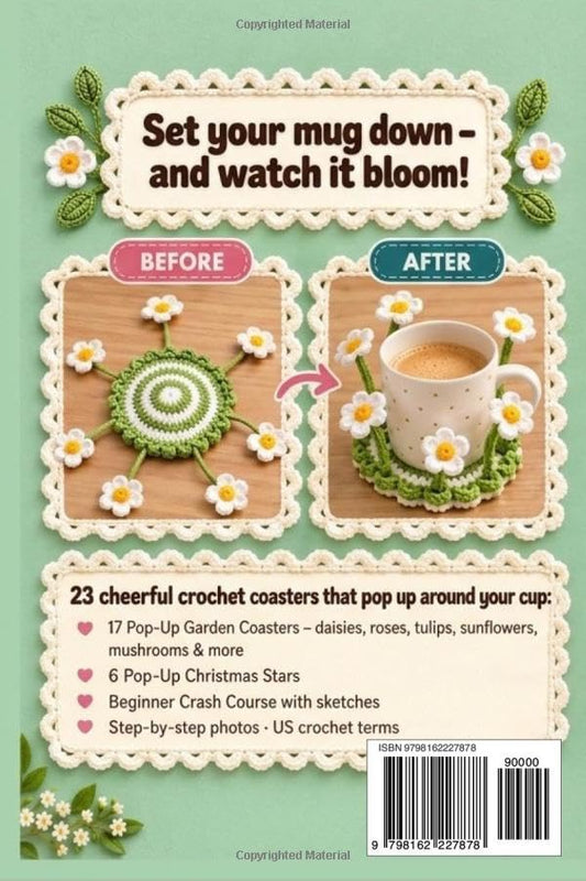 Back cover of Pop-Up Crochet Coasters book listing 17 garden coasters and 6 Christmas stars