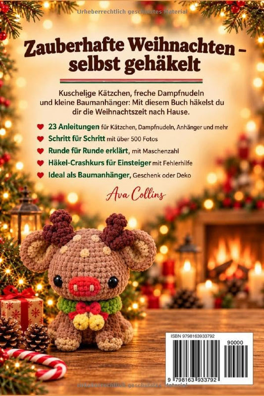 Back cover of the German Christmas crochet book: crochet amigurumi reindeer by the fireplace