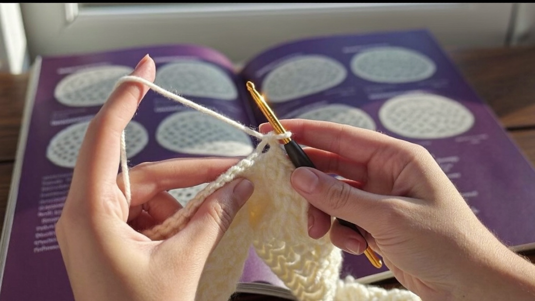 Learning to read a crochet pattern — hands crocheting with a gold hook over an open stitch chart book