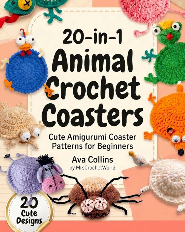 20-in-1 animal crochet coasters pattern book PDF — premium collection 20 designs instant download MrsCrochetWorld