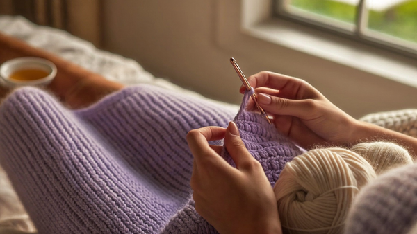 Calming crochet for anxiety relief — hands crocheting soft lavender yarn with a rose-gold hook by a window
