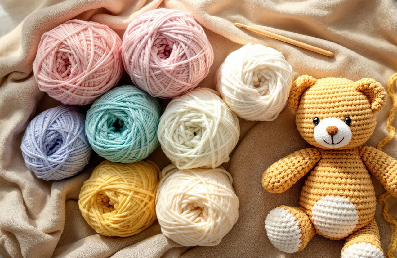 Colorful cotton, chenille and acrylic amigurumi yarn with a finished crochet teddy bear