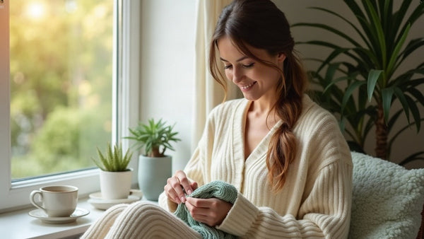 Calm woman recharging after burnout by gently crocheting soft sage and cream yarn beside a bright window with tea, a cozy reset ritual by MrsCrochetWorld