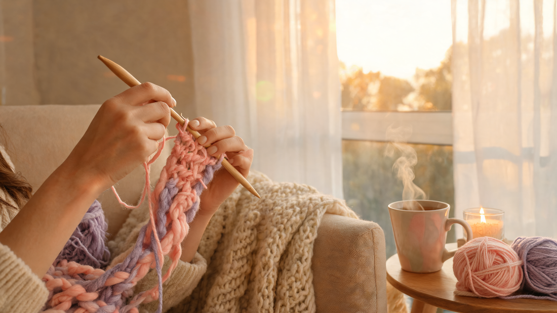 Crochet for Relaxation featured image by MrsCrochetWorld with calm hands, soft pastel yarn and a cozy window scene