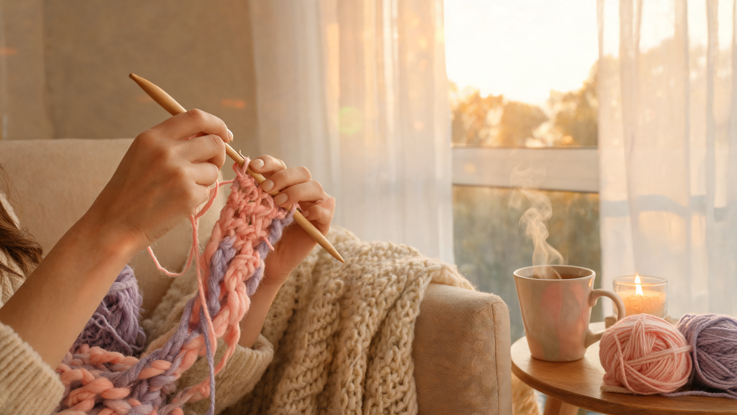 Crochet for Relaxation featured image by MrsCrochetWorld with calm hands, soft pastel yarn and a cozy window scene