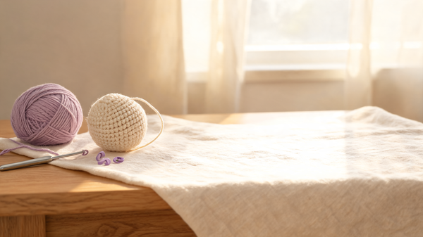 Cozy crochet workspace with yarn, hook and amigurumi project — MrsCrochetWorld pattern reading guide.