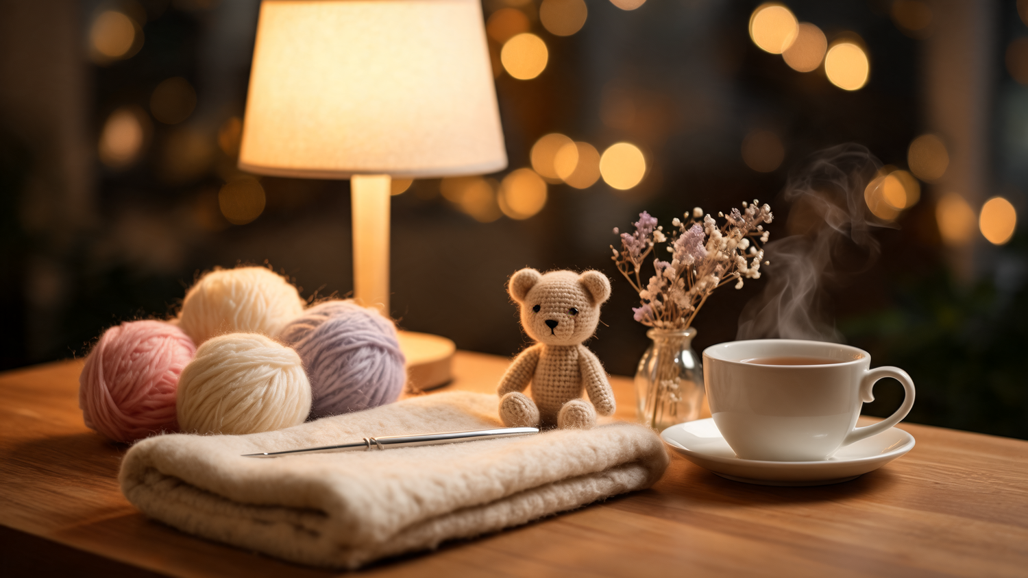 Cozy crochet evening scene with yarn, amigurumi bear and warm lamp — crochet for better sleep by MrsCrochetWorld