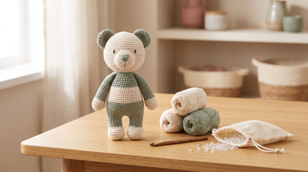 Handmade crochet amigurumi bear standing upright and balanced on a wooden table beside yarn, a crochet hook and weighting beads