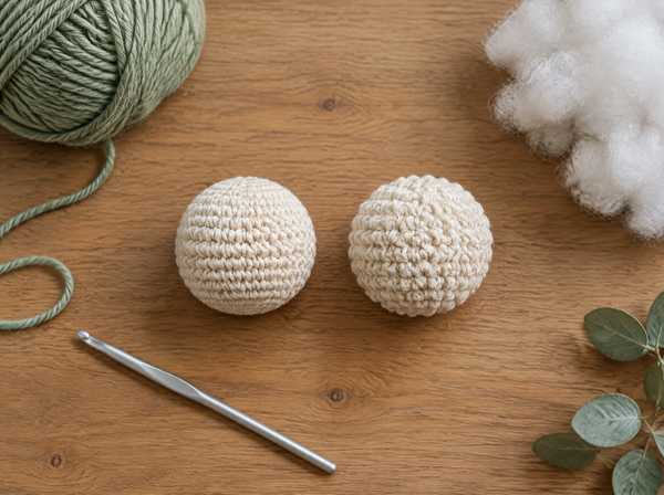 Two cream crocheted amigurumi balls side by side showing the smooth right side and the bumpy wrong side