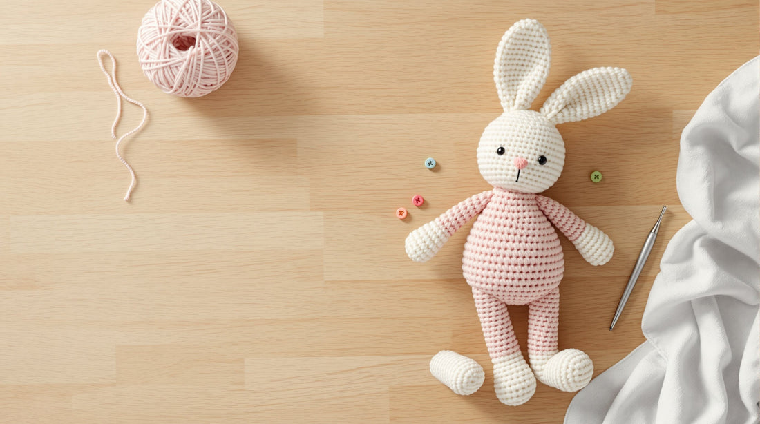 Finished cream and pink crochet amigurumi bunny with attached arms and legs beside crochet hook, yarn ball and two unattached crocheted limb pieces