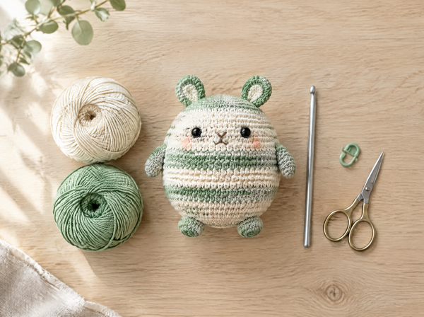Striped cream and sage green amigurumi plush with yarn balls, crochet hook and scissors on a pale oak table
