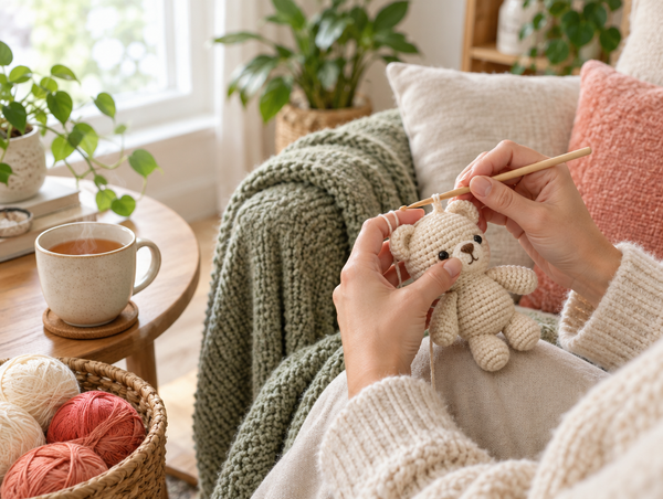 A woman crocheting a small cream amigurumi bear in a sunlit cozy living room with tea, a sage green blanket and a basket of yarn