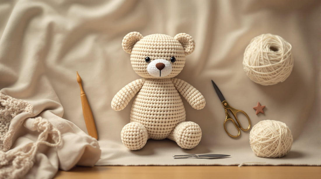 Finished cream crocheted teddy bear amigurumi with an invisibly closed seam, beside crochet hook, tapestry needle and cotton yarn