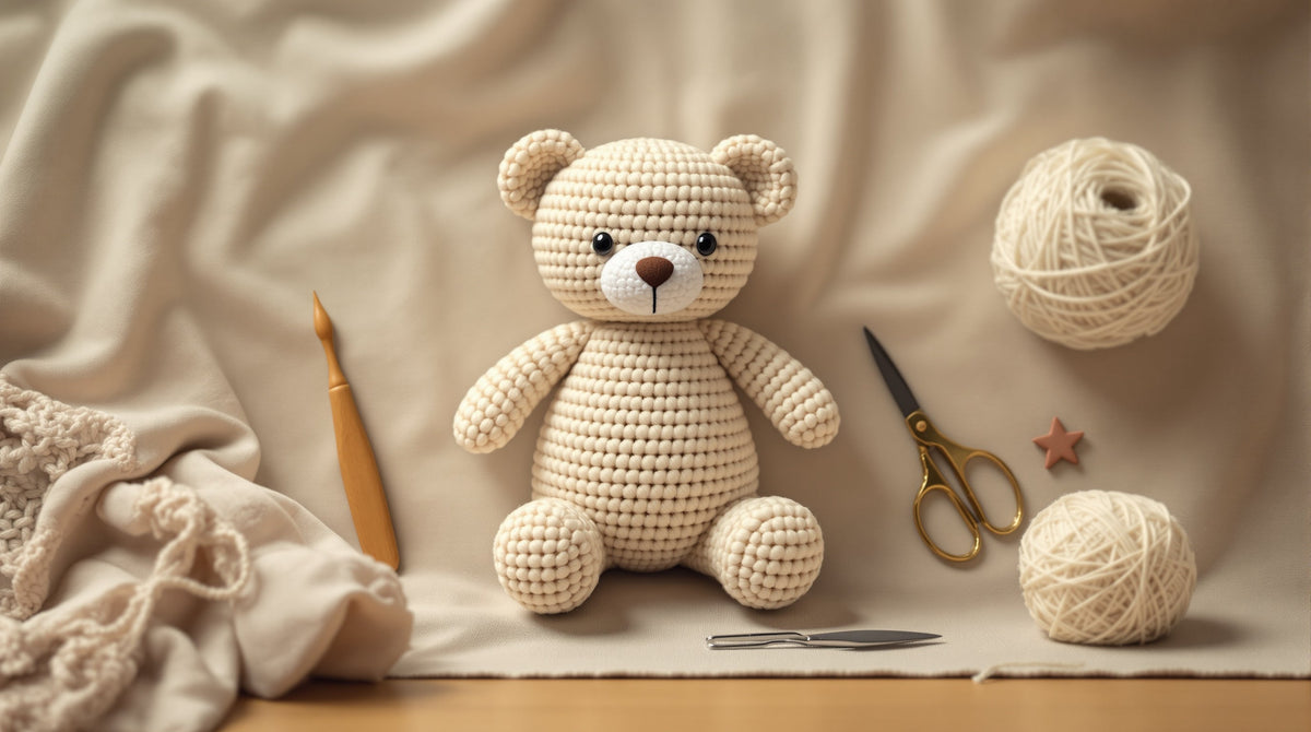 Finished cream crocheted teddy bear amigurumi with an invisibly closed seam, beside crochet hook, tapestry needle and cotton yarn