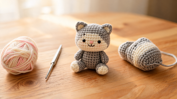 Handmade gray and cream crochet amigurumi cat sitting on a cozy wooden desk with crochet hook and yarn
