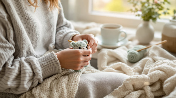 Woman crocheting a small sage green amigurumi bear by a sunny window, a calm grounding routine