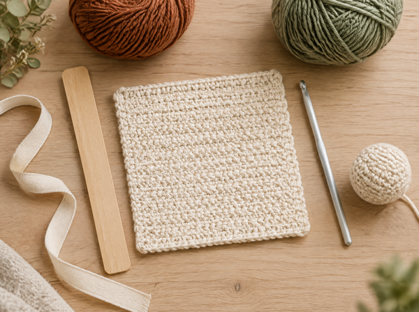 Flat lay of a cream crochet gauge swatch on a pale oak table with a plain wooden measuring stick, silver crochet hook, rust and sage yarn balls and a small cream amigurumi ball
