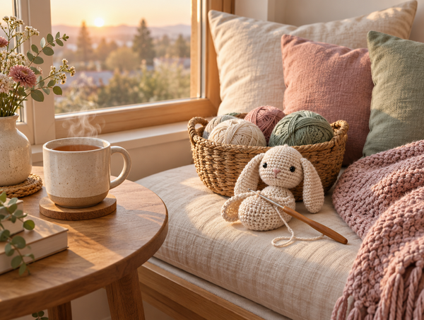 Cozy sunrise window seat with tea, yarn basket, wooden crochet hook and half-finished amigurumi bunny