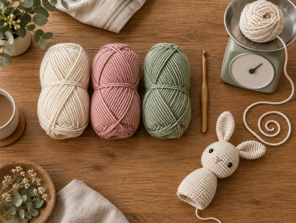 Overhead desk scene with cream, dusty rose and sage worsted weight yarn skeins, a wooden crochet hook, a kitchen scale weighing a partly used ball of yarn and a half finished cream amigurumi bunny