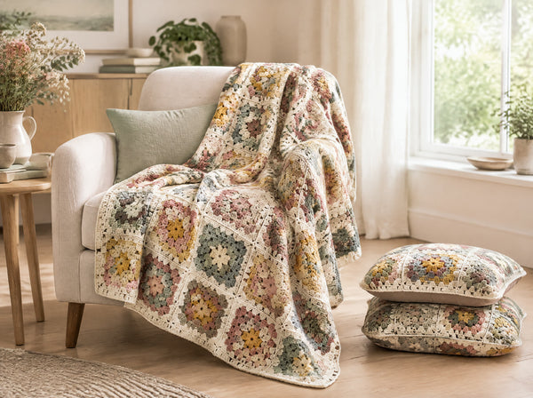 Finished multicolored crochet granny square blanket draped over a cream armchair with matching granny square cushions