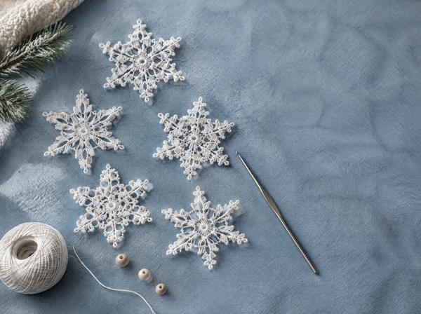 White crochet lace snowflakes on dusty blue linen with a steel crochet hook and cotton thread