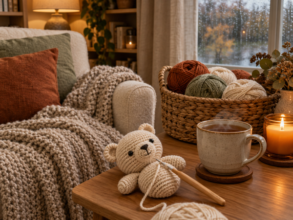 Cozy autumn evening crochet corner with a cream armchair, chunky oatmeal throw, lit amber candle, mug of tea, basket of rust sage and cream yarn and a half finished cream amigurumi bear on a wooden table