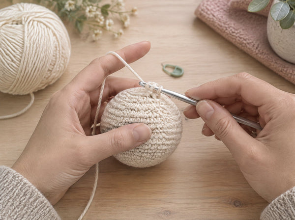 Hands working an invisible decrease on a cream crocheted amigurumi ball with a silver hook through the front loops of two stitches