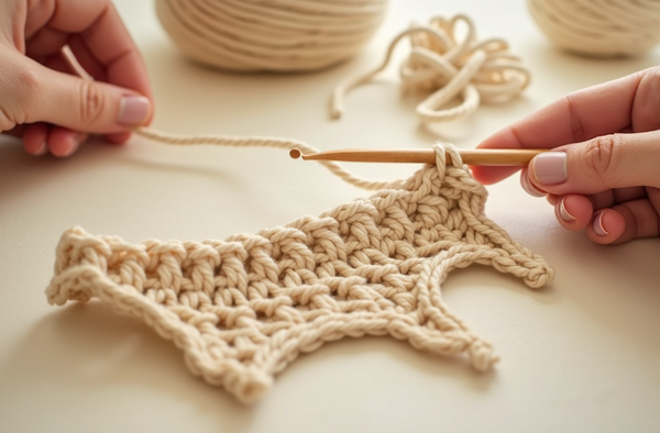 Hands with crochet hook joining two yarn strands on finished crochet fabric, MrsCrochetWorld tutorial