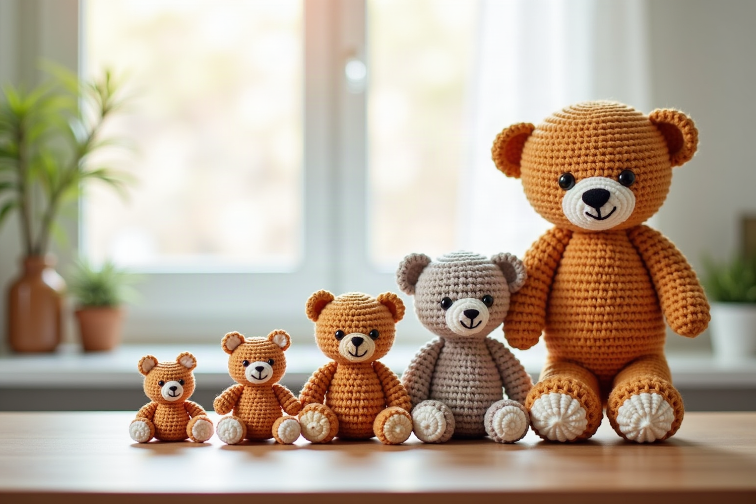 Five crochet amigurumi teddy bears arranged by size from mini to jumbo on a cozy craft table