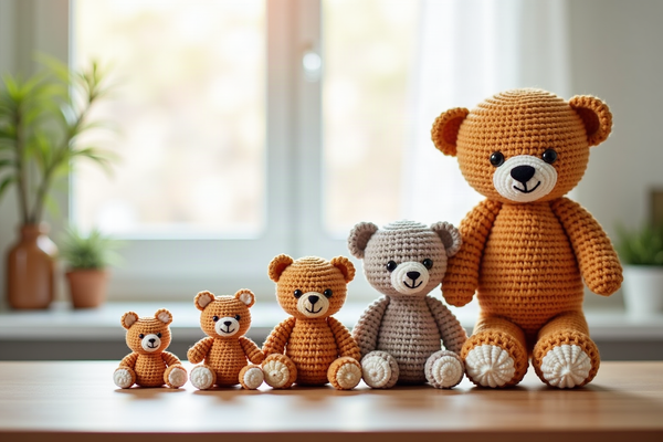 Five crochet amigurumi teddy bears arranged by size from mini to jumbo on a cozy craft table